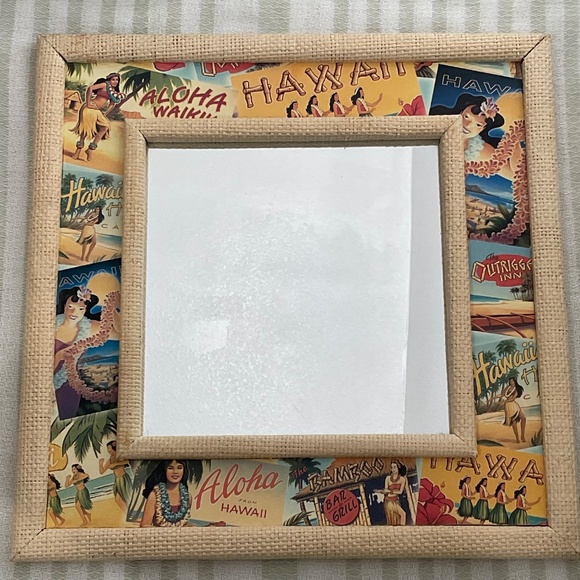 VTG Style Mirror raffia-textured frame Hawaiian Decor Tropical Tiki Bar Boho D - Picture 4 of 9